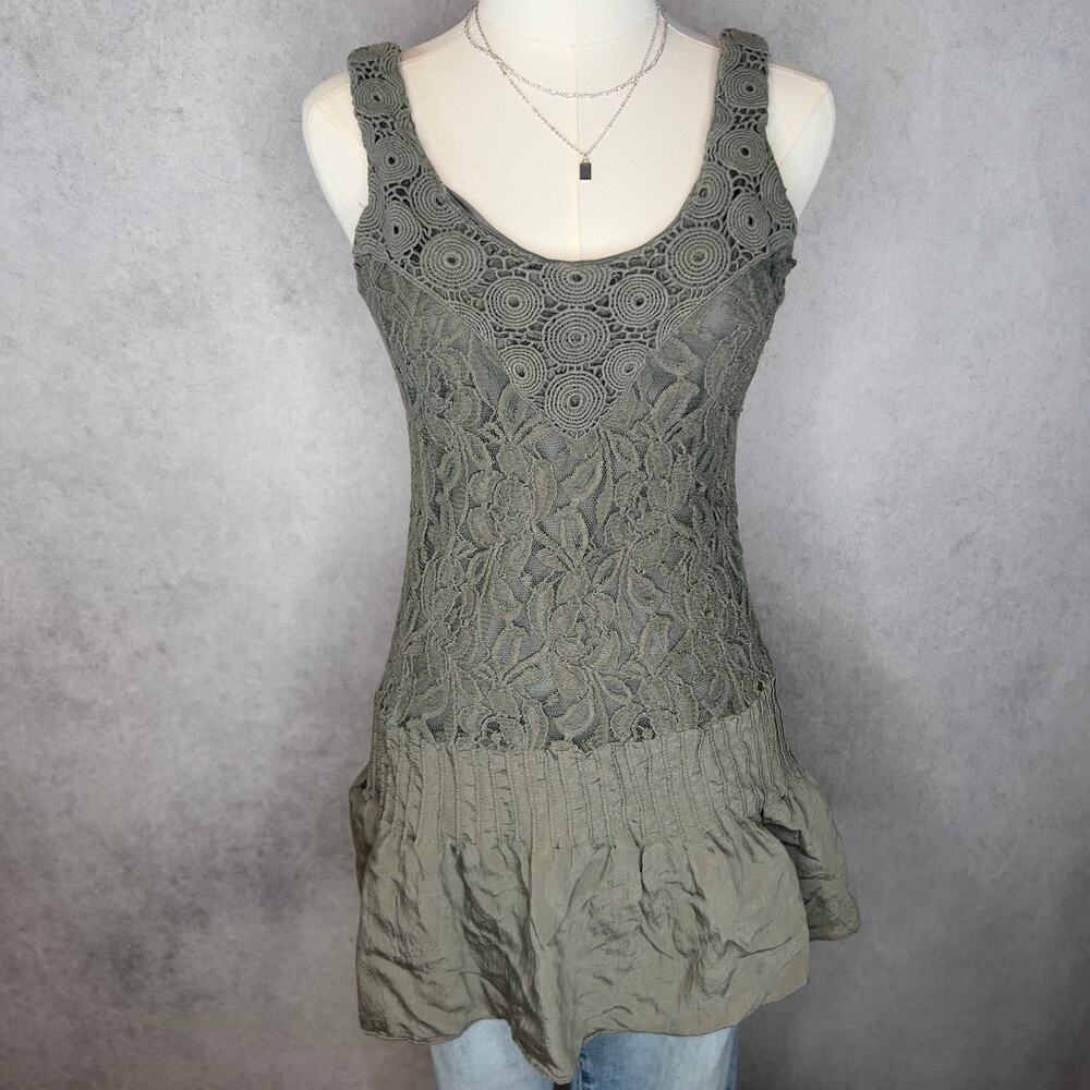 Crochet Lace Tunic Tank Top Olive Green Boho Cottagecore Small